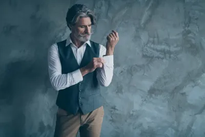 white shirt brown pants blue waistcoat