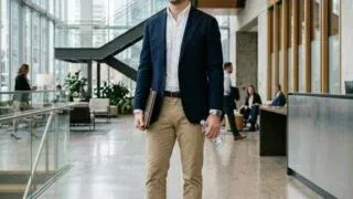 Man in business casual outfit: blazer, Oxford, chinos, loafers