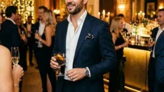 Man in dark navy cocktail attire at upscale event
