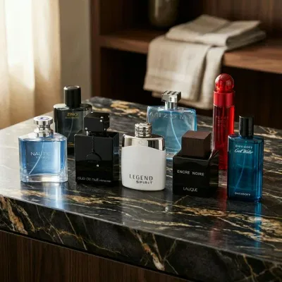 Budget men cologne collection under 50 dollars on marble surface