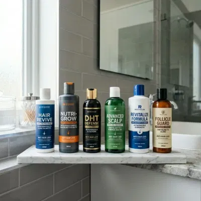 Collection of DHT blocker shampoo bottles for men hair loss
