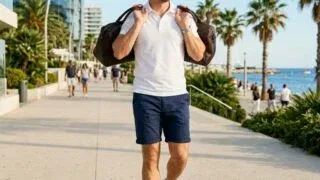 Man wearing navy shorts and white polo in summer outfit