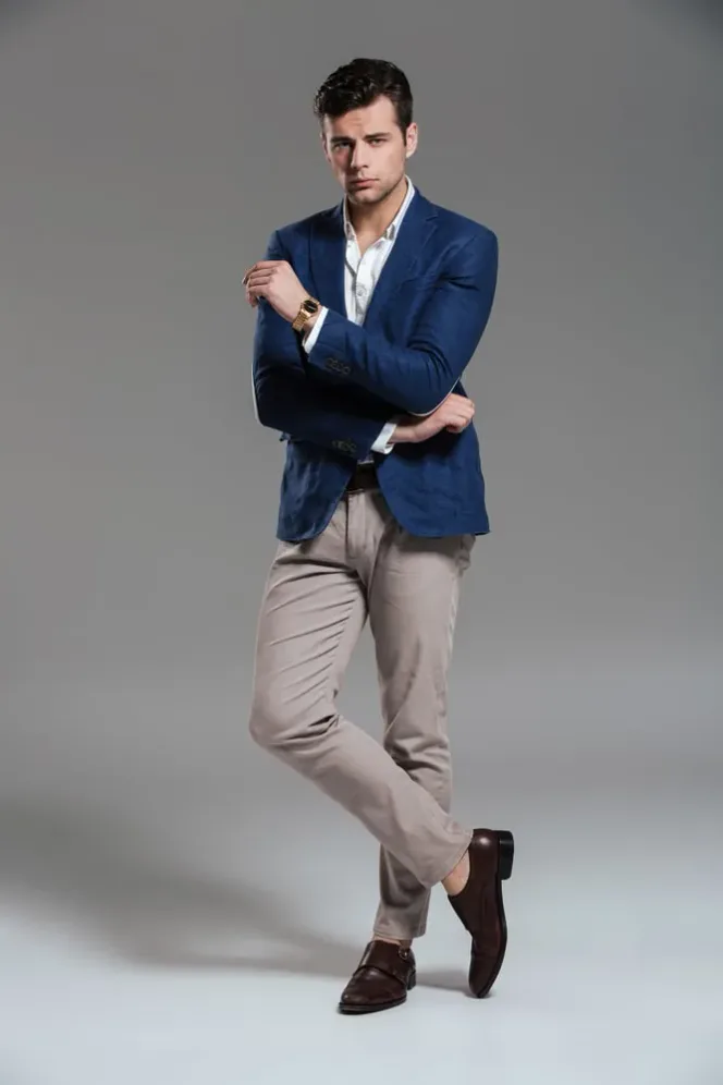 grey dress pants white shirt brown shoes White Formal Pants with Grey Texture for Men